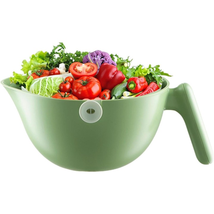 Двуслойна купа SOL Kitchen, за плодове, зеленчуци, с кошница за оттичане, 2 л, ABS+PP, 29,9 x 22,5 x 11,8 см, зелено-бяла