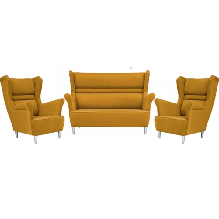 Kanapé és 2 fotel szett, Modell Zoja, Family Meble, Skandináv stílusú, Bársony/Fa, 149x92 cm, Sárga