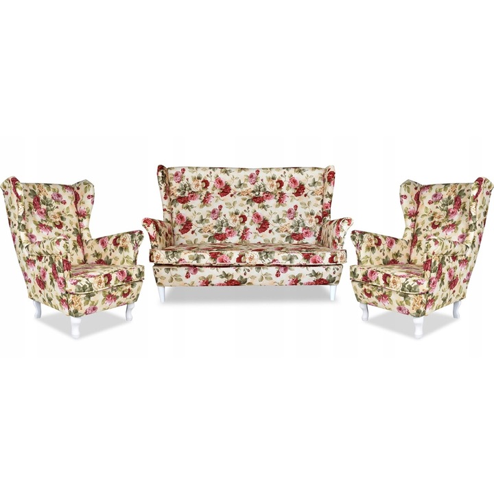 Kanapé és 2 fotel szett, Modell Print, Family Meble, Skandináv stílusú, Bársony/Fa, 160x92 cm, Sokszínű, Rózsák