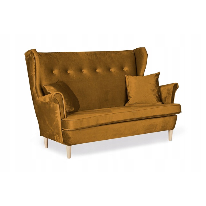 Dupla kanapé, Ari modell, családi bútor, skandináv stílusú, bársony/fa, Mustársárga