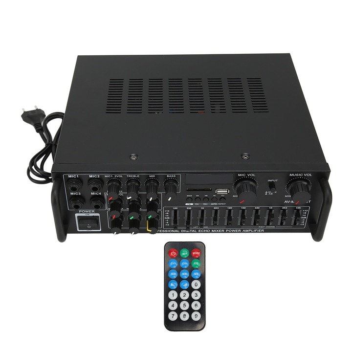 Усилвател на мощност, Mmgoqqt, 300W, Bluetooth, компактен, 4 канала, 220V, черен