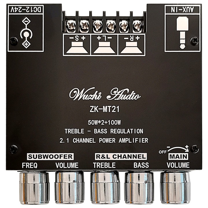 Bluetooth 5.0 аудио усилвател, Wuzhi Audio ZK-MT21, 2.1 канала 50W x 2 + 100W, настройка на басите и високите честоти, размери 9.5x8.9x2.2cm
