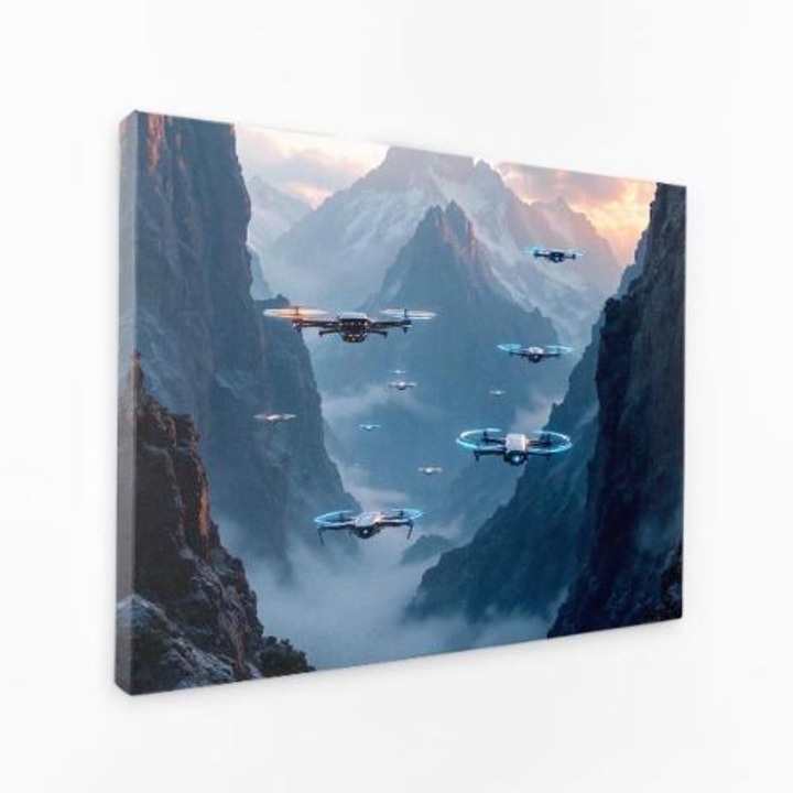 Картина на платно - Дрони, летящи в планините по залез - 60x40 см