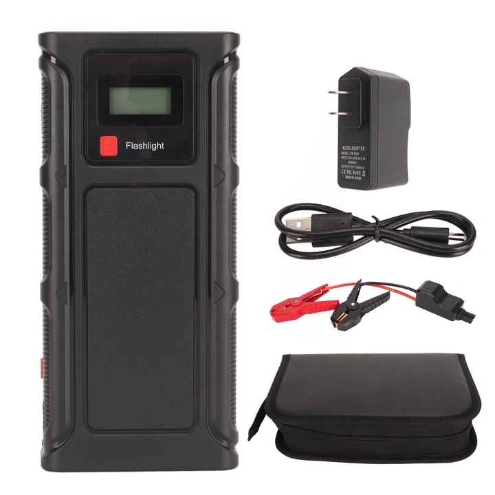 Hordozható autóindító, Jormftte, 2000A csúcs, 18000mAh, 12V, 2 USB, 1 USB C, vízálló, legfeljebb 8,0 literes benzin- vagy 6,0 literes dízelüzemű autókhoz