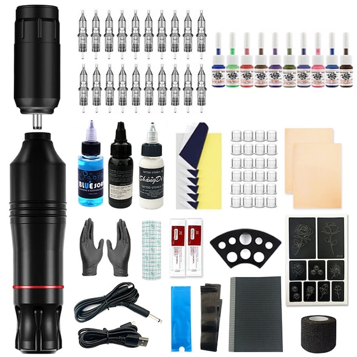 Set masina de tatuaje, Aluminiu, Rotativ, viteza 8000 RPM, cu 20 ace, 10 de culori, 25 cupe de culoare, design ergonomic, tip stilou, profesional, Durabil, aparat kit de accesorii