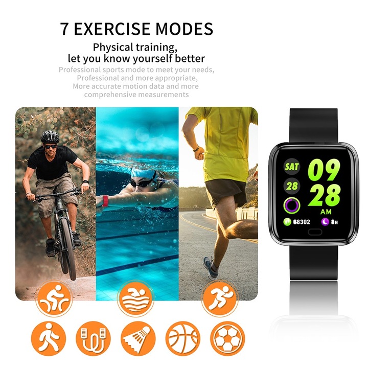 Bratara fitness Jormftte, monitorizare ritm cardiac, impermeabila, 0.96in, neagra