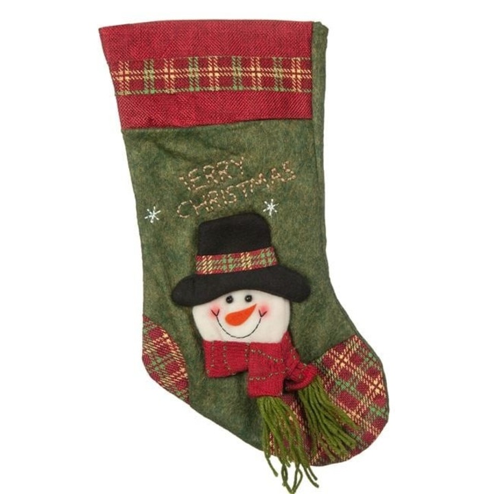 Ciorap Cadouri de Craciun Antbro® cu om de zapada 3D de culoare rosie verde cu palarie neagra si fular, 40x20cm