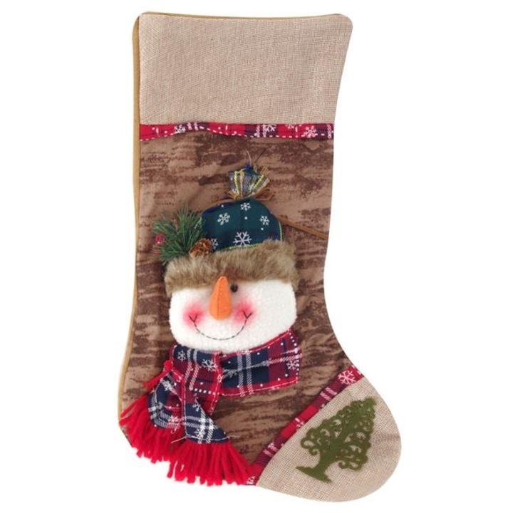 Ciorap Cadouri de Craciun Antbro® cu om de zapada bej cu palarie, brad si fular colorat, 40x15cm