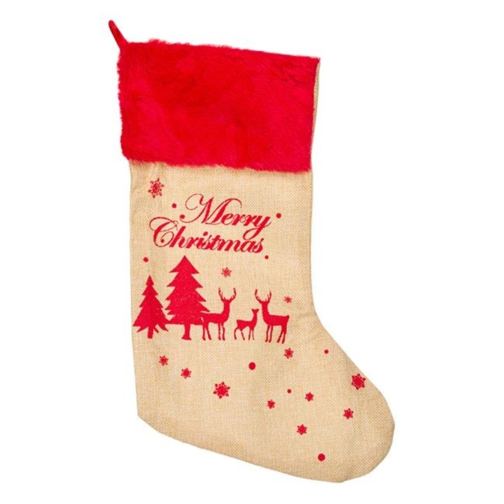 Ciorap Cadouri de Craciun Antbro® de culoare bej cu blana rosie si mesaj Merry Christmas, 25x38cm