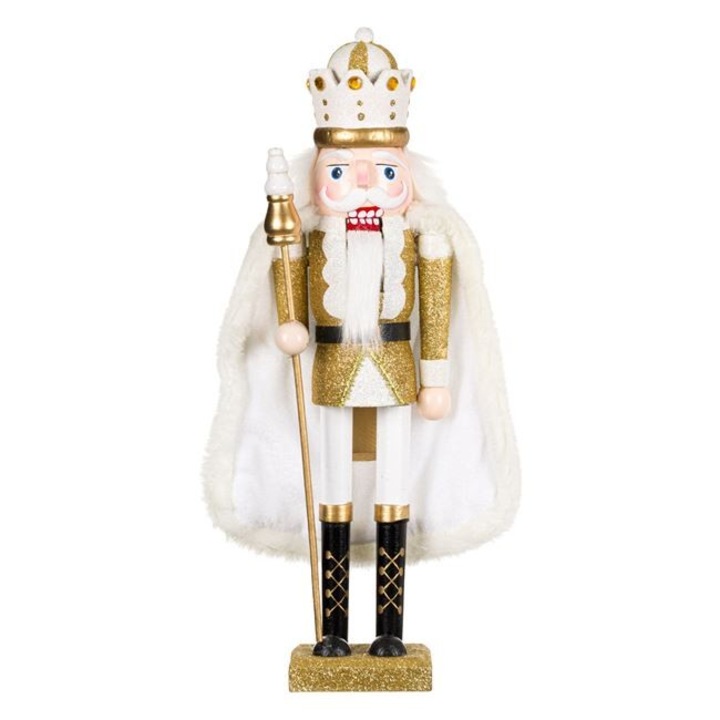 Decoratiune de Craciun Antbro® rege din lemn cu uniforma alba cu detalii cu glitter auriu, capa alba si coroana, 8x7x38cm