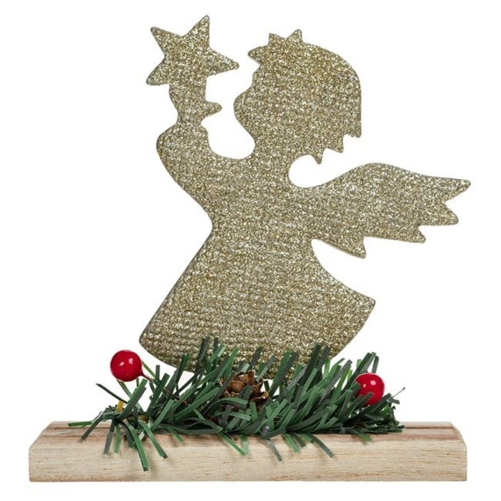 Decoratiune de Craciun Antbro® ingeras cu glitter auriu, pe baza din lemn cu brad, pin, conuri si pomusoare, 12.5x4.2x14cm