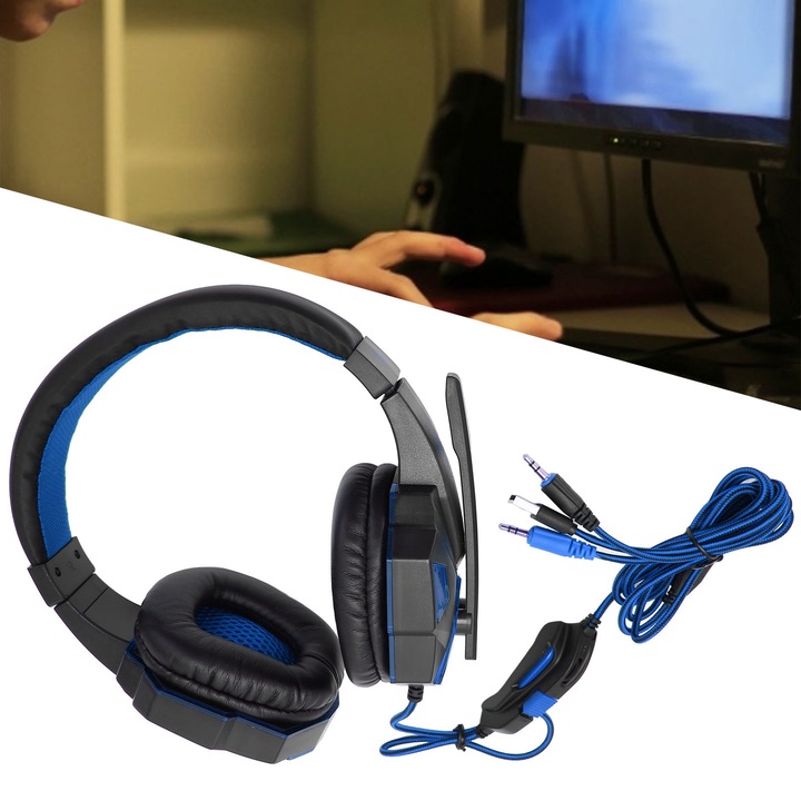 Jormftte gaming fejhallgató, mikrofonnal, surround design, zajszűrő, USB+3.5mm, fekete-kék