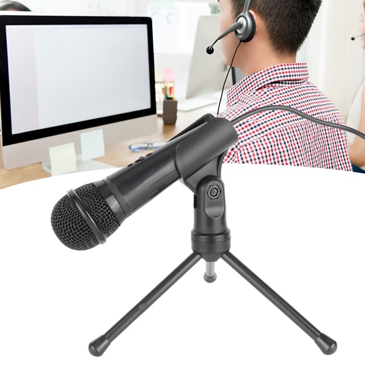 Mikrofon kondenzátor Mini asztali retro körsugárzós számítógépes mikrofon állvánnyal élő közvetítéshez fekete