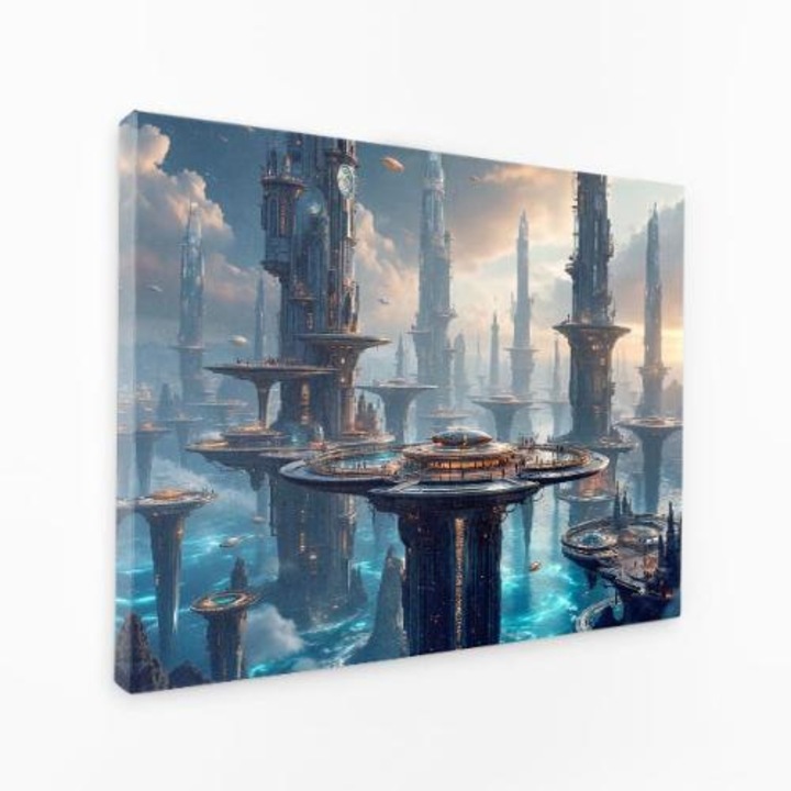 Картина на платно - Космически град Кули в небе - 60x40 см