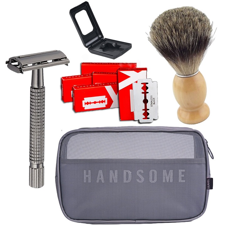 Set de Ras Ultra din 5 Piese compus din Aparat de Ras Clasic Metalic, 50 Lame de Schimb Incluse, Pamatuf pentru Spuma, Cutie de Protectie pentru Aparatul de Ras cu Oglinda si Geanta de Depozitare si Transport, Unisex, PriStyle®
