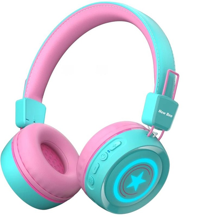 Casti NewBee Electronics Cartoon pentru copii, Wireless-Bluethooth si conexiune cu cablu 2 in 1, Baterie 400mAh, stickere cadou incluse, roz