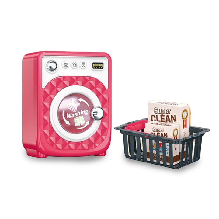 Masina de spalat cu accesorii, lumini, sunete si miscare, roz, 18 cm, + 3 ani, Vision XXI
