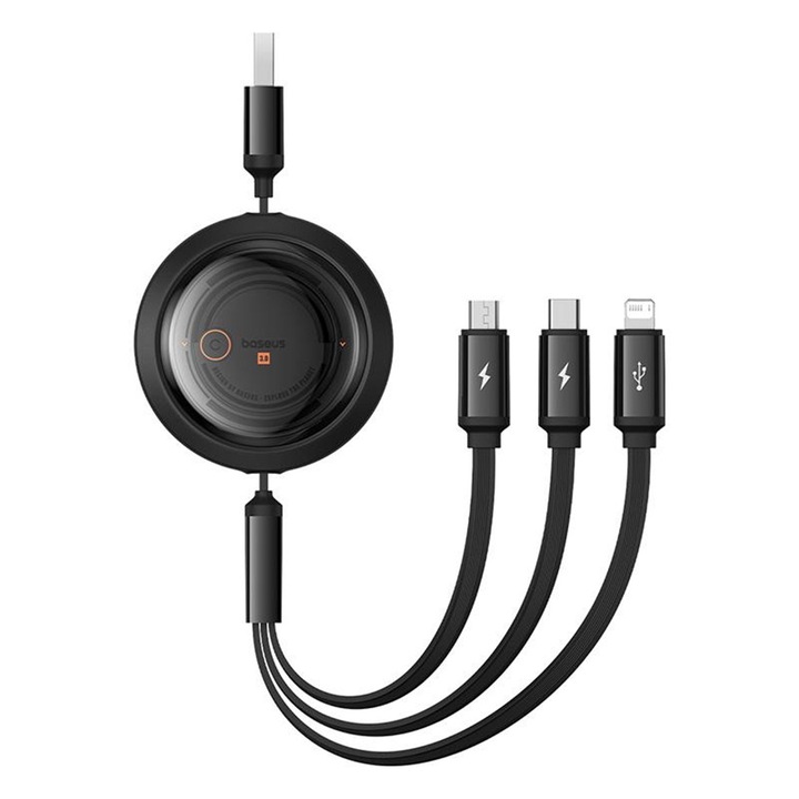 Кабел за данни и зареждане 3 в 1 Baseus - Data Cable Free2Draw USB 3.0 to USB Type-C Lightning Micro-USB Fast Charging 100W Retractable 1.1 m - черен