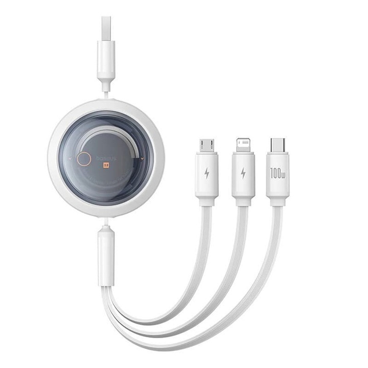 Кабел за данни и зареждане 3 в 1 Baseus - Data Cable Free2Draw USB 3.0 to USB Type-C Lightning Micro-USB Fast Charging 100W retractable 1.1 m - бял