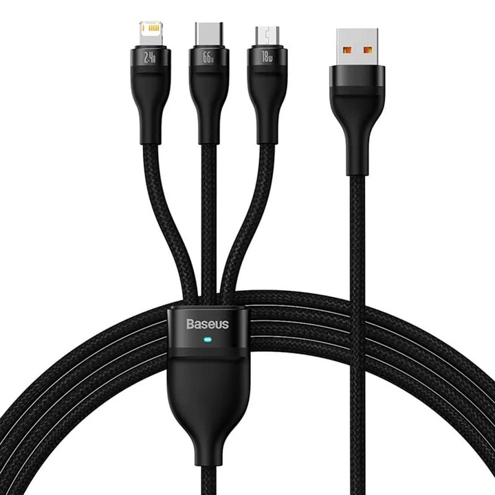 Cablu de date si incarcare 3 in 1 Baseus - Data Cable Flash Series 2 USB 3.0 la USB Type-C Lightning Micro-USB Fast Charging 66W 1.2 m - negru