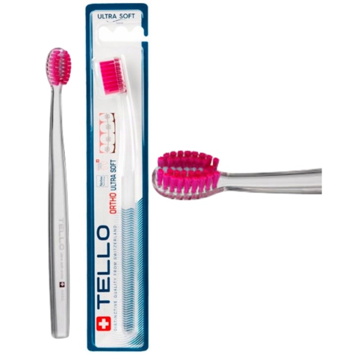 Periuta de dinti manuala Tello Ortho 4920 Ultra Soft, 4920 fire ultra moi, design ergonomic, speciala pentru purtatorii de aparate ortodontice