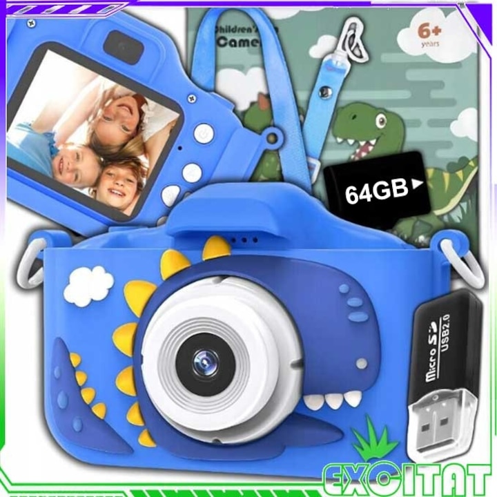 Camera foto copii, 64GB SD card 1080P HD, 48 milioane pixeli, 2.0 inch, 400mAh, Excitat, 3 Jocuri Interactive, Display IPS, Protectie Pentru Ochi, 3 ani+, Albastru inchis