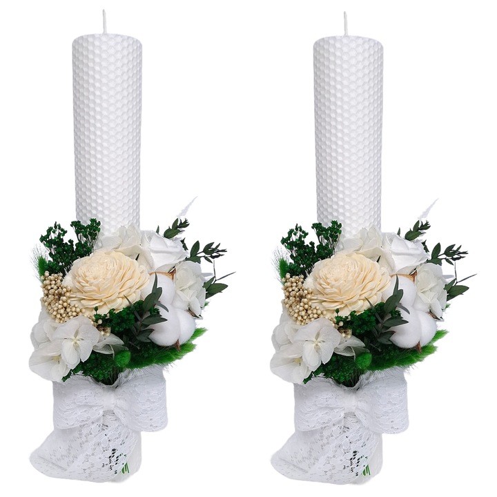 Комплект от 2 сватбени свещи, изработени от естествен восък, декорирани с криогенна роза, хортензия и естествени криогенни/сушени цветя В35/Д5.5 см