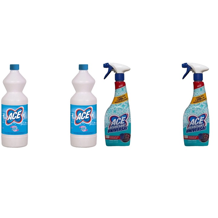 Ace Tisztító Szett 4 x Valuepack, 2 x Bleach 1l Regular, 2 x Univerzális zsírtalanító spray oldat 550 ml Marseille, friss aroma, vízkő elpusztítása, gyors és hatékony, bőrgyógyászatilag tesztelt, hosszan tartó frissesség, maximális hatékonyság