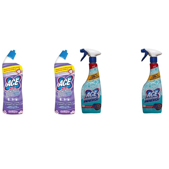 Ace Cleaning Set 4x Valuepack, 2x Power Gel 750ml Floral, 2x Universal Degreasing Spray Solution 550ml Marseille, vízkő elpusztítása, gyors és hatékony, bőrgyógyászatilag tesztelt, hosszan tartó frissesség, maximális hatékonyság