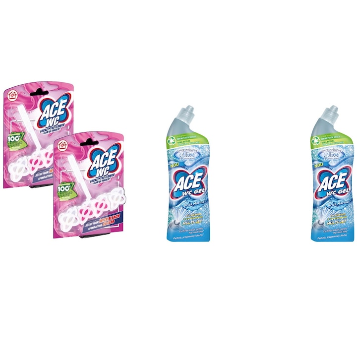 Ace Cleaning Set 4 x Valuepack, 2 x WC-frissítő 48g Eukaliptuszvirág, 2 x Toalettzselé Glitter 700ml Marina Breeze, vízkő elpusztítása, gyors és hatékony, bőrgyógyászatilag tesztelt, hosszan tartó frissesség, maximális hatékonyság