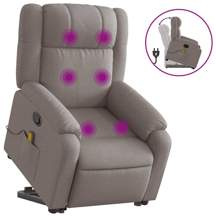 Fotoliu rabatabil de masaj cu ridicare vidaXL, gri taupe, textil