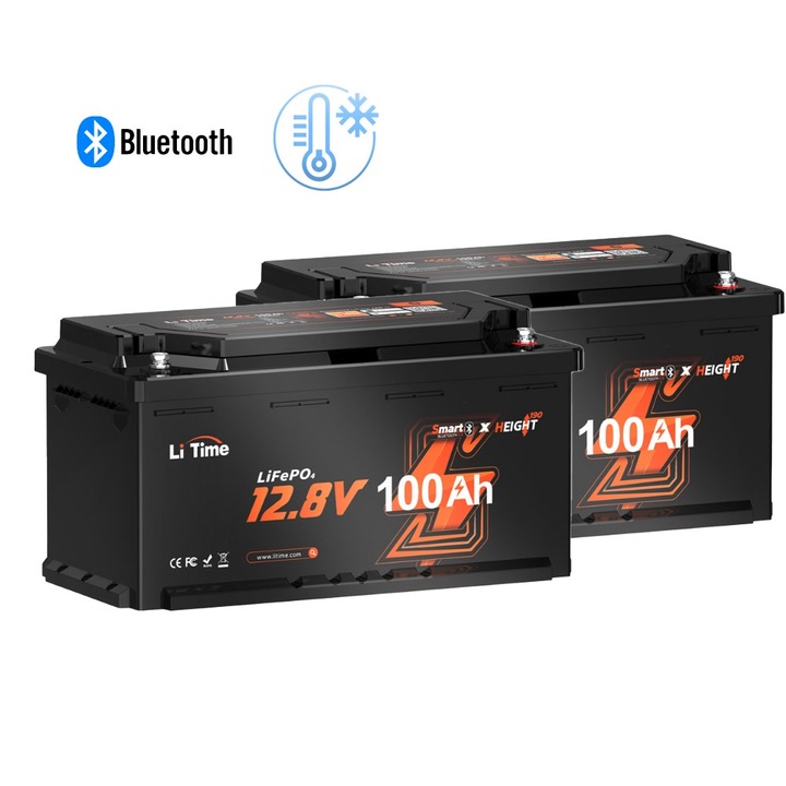 Lithium LiFePO4 Battery, Litime, 12.8 V 100 Ah H190 Bluetooth, Low temperature cut-off protection, 1280Wh, Max. 15,000 Cycles, Black（2 Packs)
