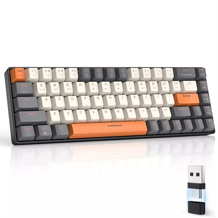 Механична игрална клавиатура MOSMAOO®, безжична клавиатура с 68 клавиша, двурежимна връзка, USB Type-C, капачки с различни цветове, Bluetooth, Milkshake Gray