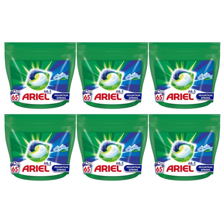 Set 6 x Ariel Detergent Capsule 65buc Pods All In 1 Mountain Spring, fresh aroma, parfum floral, distruge calcarul, rapid si eficient, testat dermatologic, prospetime de lunga durata, eficacitate maxima, continut generos, elimina mirosuri neplacute