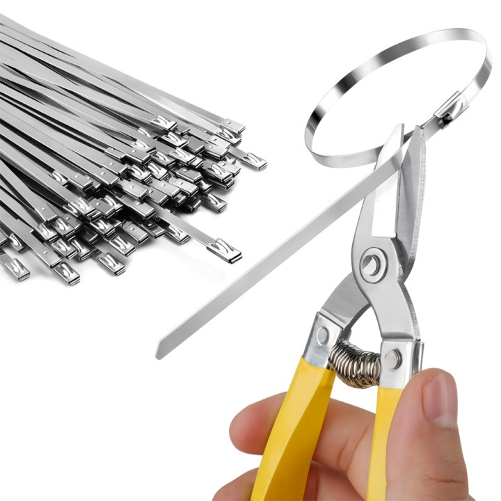 Set 150 bucati coliere din inox, Noonedibs, 4.6 mm x 100mm, Reutilizabil, Cu foarfece de taiat metal, Galben