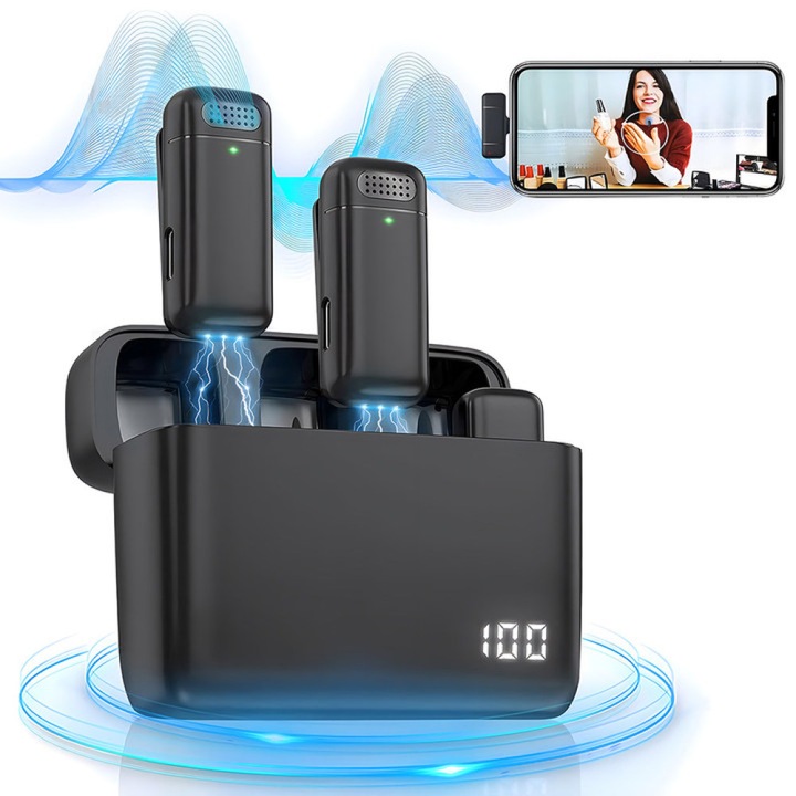 Microfoane Lavaliera Profesionala, Noonedibs, Wireless, Plug and play, display digital, AI Noise Reduction, Sincronizare Sunet, Plug And Play, Incarcare Rapida, 24 Ore Functionare Cu O Singura Incarcare, Negru