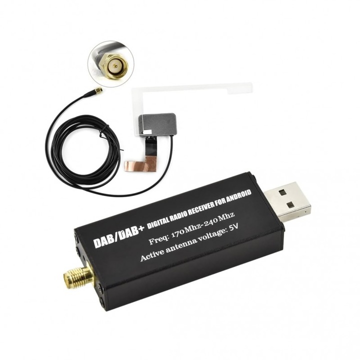 Adaptor modul de antena DAB/ DAB+ INOVA®, extern tip USB, transmisii radio inalta calitate, compatibilitate navigatii auto cu Android, Frecventa 170-240MHz, compatibil cu tarile UE