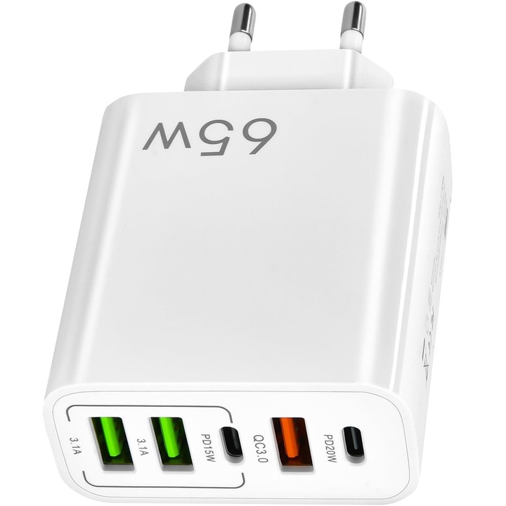 Incarcator de retea 5 porturi, Bolongking®, 65W Fast Charge, 3 x USB, 2 x Type-C, Universal Multiport, Compatibil iPhone, Huawei, Samsung, Xiaomi, Alb