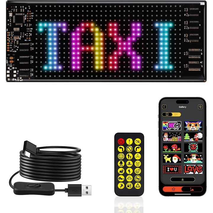 Semn LED pentru masina Afisaj cu derulare programabil DIY (9.2*37.2cm 16*64 LED) USB 5V Panou matrice flexibil Bluetooth Control aplicatie Lumina personalizata Semne digitale cu pixeli pentru vitrina magazinului Parbriz Rideshare