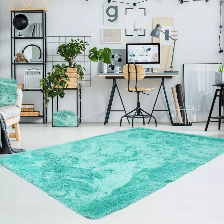 Мек пухкав килим, elSimone, 60x90 см, правоъгълник, полиестер, 30 мм, Shaggy Softi, тюркоаз
