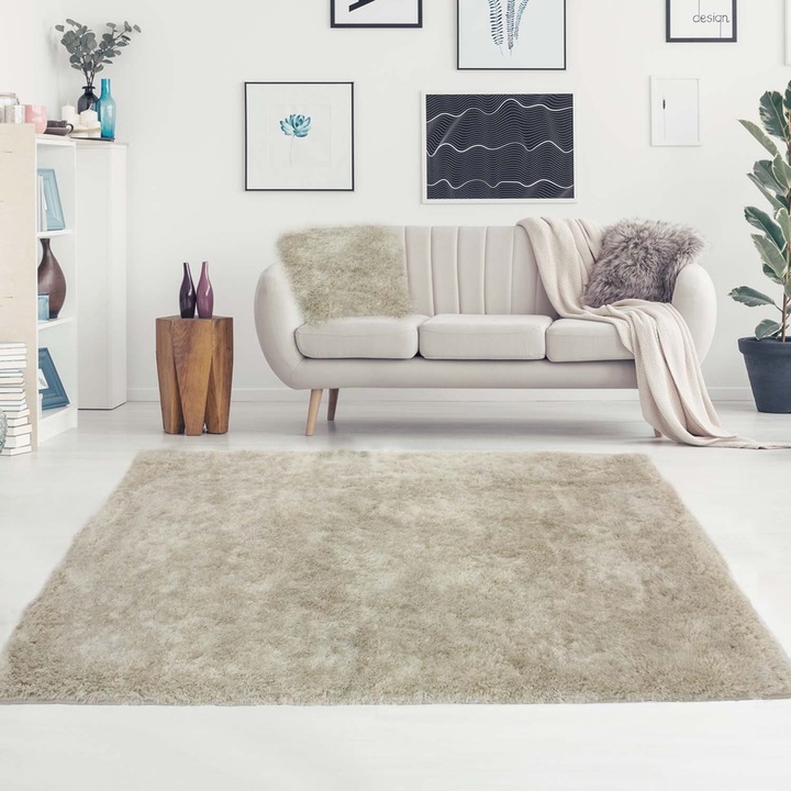 Covor, elSimone, 50 x 70 cm, Bej, Softi, Plusat, Moale, Pufos, Antiderapant, Lavabil, Microfibra, Izolare Termica, Sigur, Confortabil, Ideal Living, Dormitor, Modern