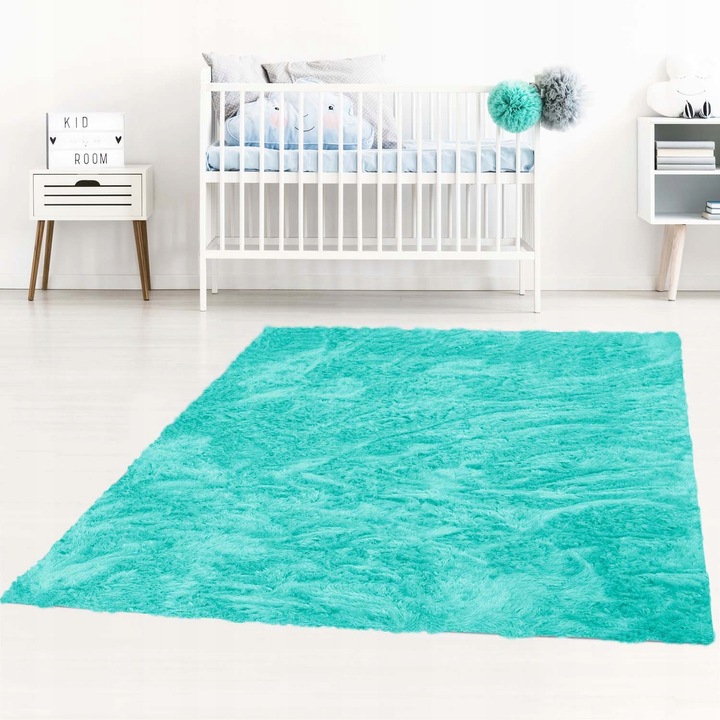 Covor, elSimone, 80 x 150 cm, Turcoaz, Softi, Plusat, Moale, Pufos, Antiderapant, Lavabil, Microfibra, Izolare Termica, Sigur Pentru Copii, Culori Vii, Confort Premium