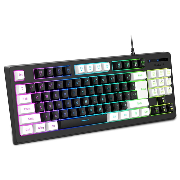 NAXSIR RGB mechanikus játékbillentyűzet, 87 billentyű, 7 fényeffektus, USB Type-C, fekete