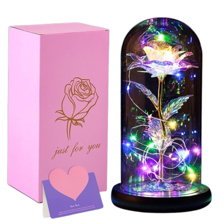Trandafir Etern Cristal cu luminite LED in Cupola de Sticla, Cadou romantic, Decor pentru Camera, Atmosfera Calda, Durabil, Elegant, Baza Lemn, Perfect pentru Mama, Ambalat Premium, Rose of Love