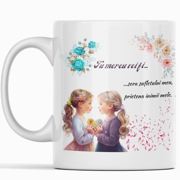 JOYSTOS, Cana Personalizata pentru Sora, alba, Ceramica, 330 ml – Mesajul Perfect pentru o Legatura Speciala ???? `Tu esti, sora sufletului meu, prietena inimii mele`– Cadou Special pentru Sora