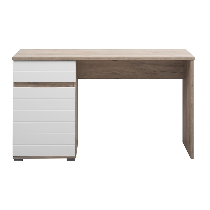 Компютърно бюро YANA, сив дъб + бяло гланцово фолио, 130 x 75,5 x 50 cm