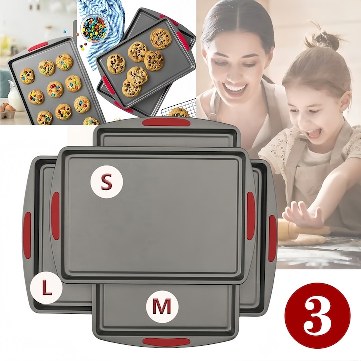 Set 3 Tavi Pentru Copt, Excitat, Strat antiaderent, Metal, Maner din silicon antioparire, 34x23cm, 39.5x26cm, 44.3x30cm, gri/rosu