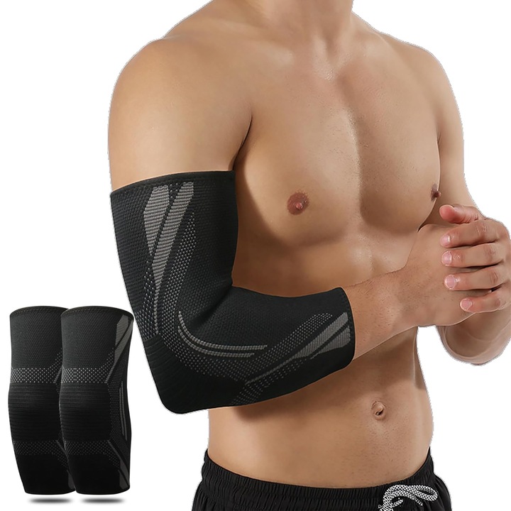 Set 2 orteze pentru cot, suport compresiv, elastan, dimensiune L, unisex, OUYLAF, negru