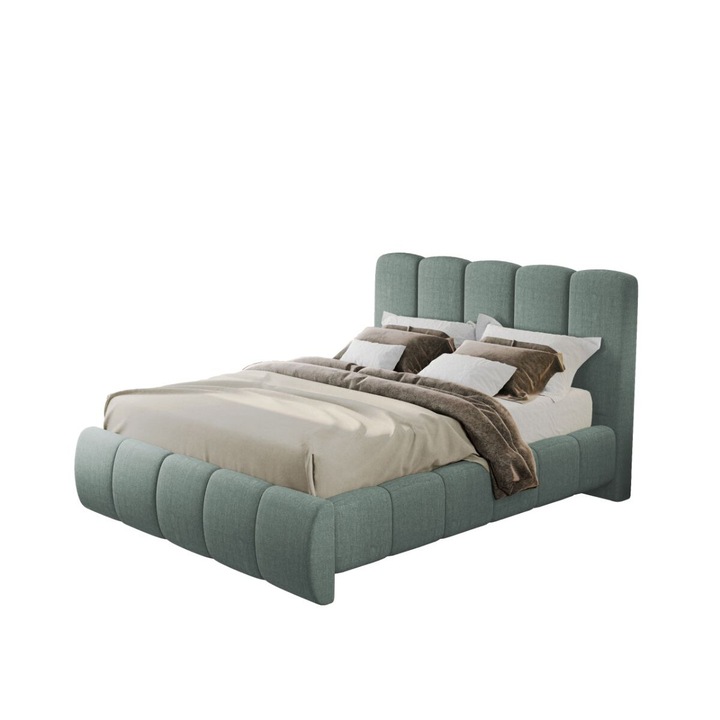 Pat tapitat Nuvole, cadru lemn si pal, 90x200 cm, vernil, cu somiera fixa