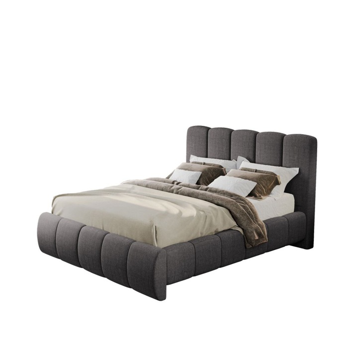 Pat dublu tapitat Nuvole, cadru lemn si pal, 140x200 cm, gri antracit, cu somiera fixa